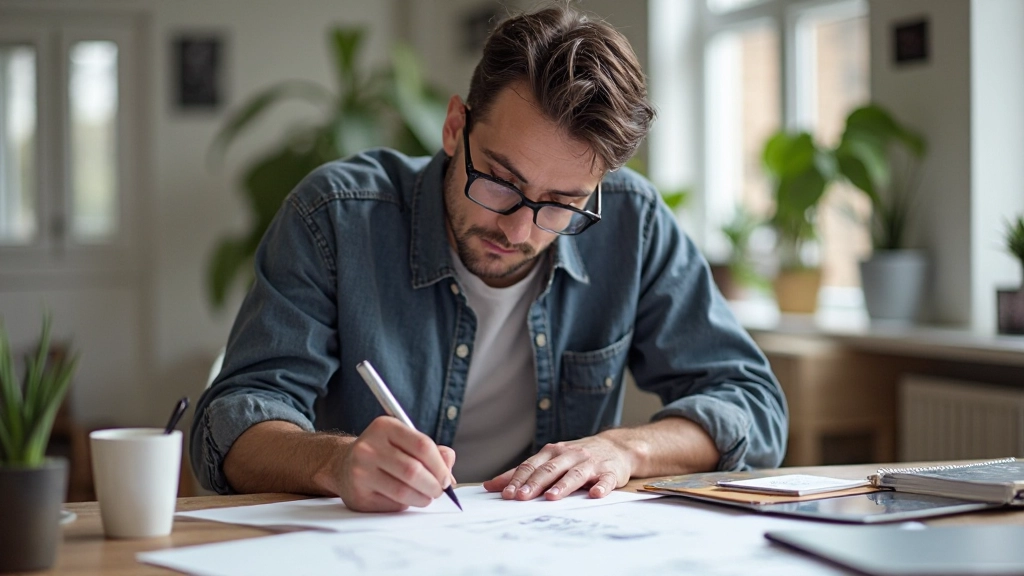 Designer skizziert auf Papier mit verschiedenen Stiften und Markern — Wireframe Planning auf Schreibtisch