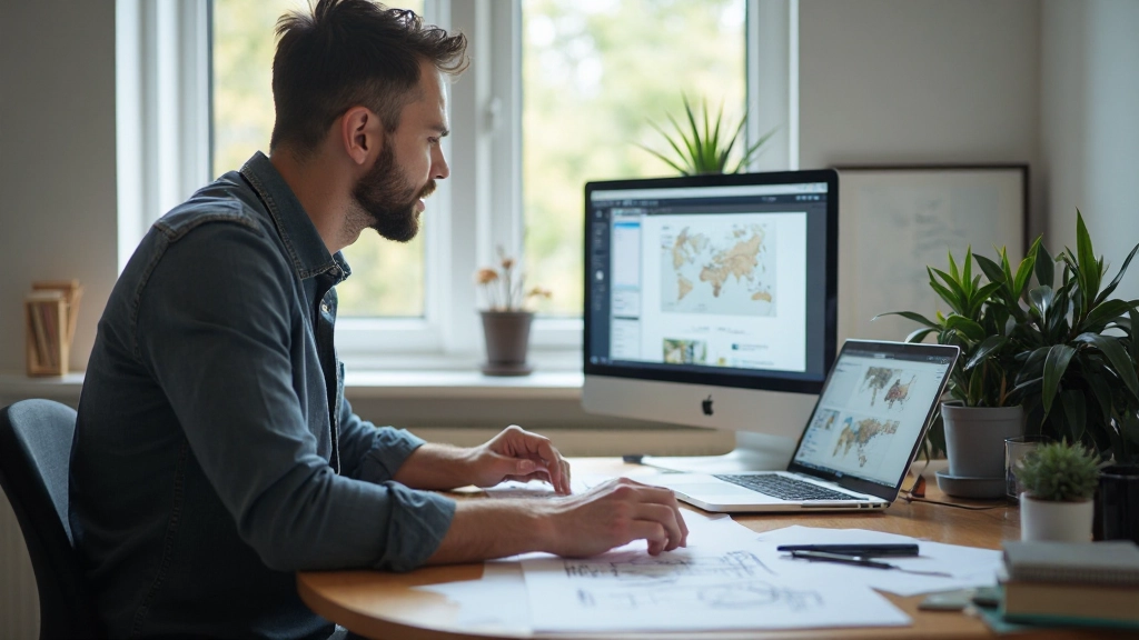 Designer arbeitet am Computer mit Skizzen und Design-Tools auf dem Schreibtisch