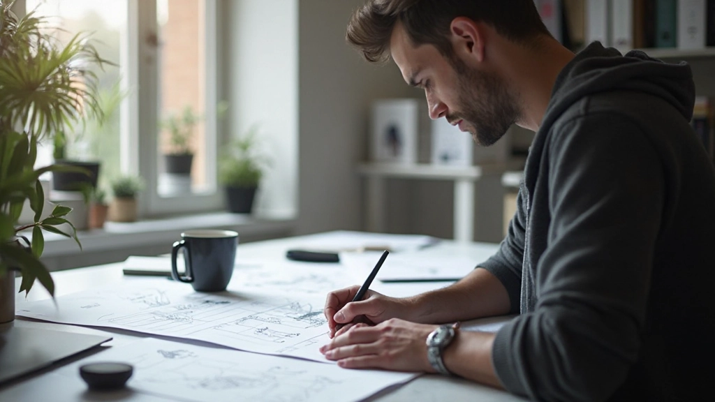 Designer bei der Arbeit mit Skizzen, Monitor und Notizen — zeigt den Planungsprozess für Webdesign