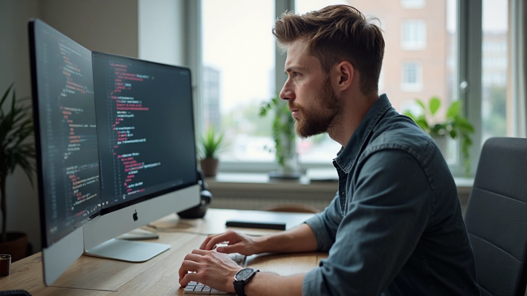Entwickler arbeitet an HTML-Code mit verschiedenen Tags und Elementen auf dem Monitor