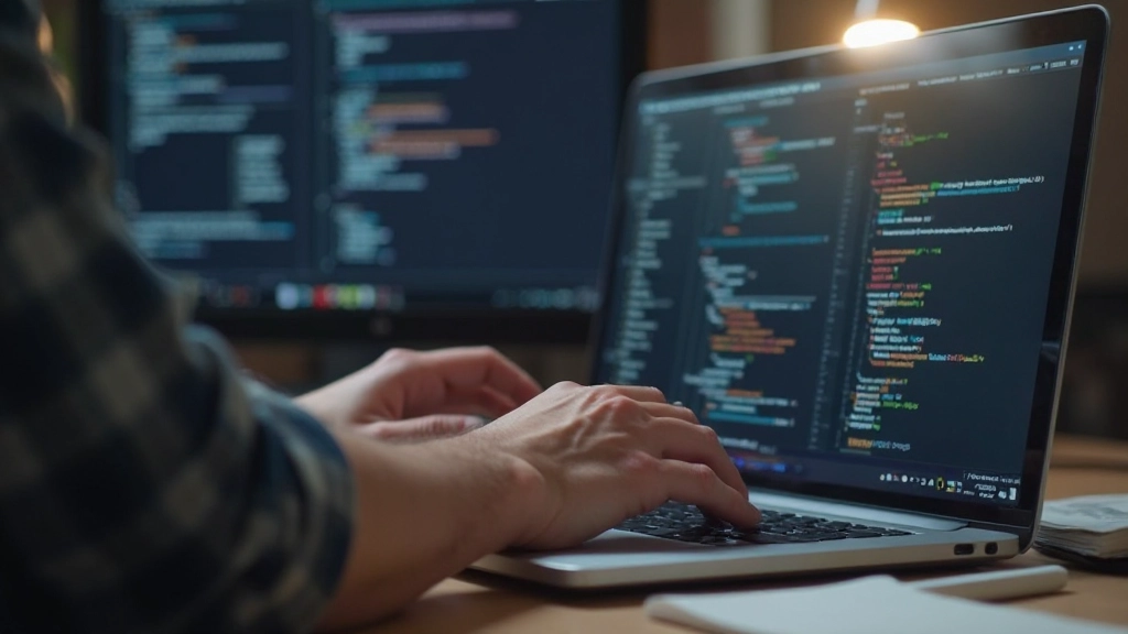 Person tippt Code auf Laptop mit HTML- und CSS-Syntax auf dem Bildschirm