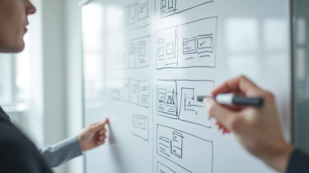 Verschiedene Wireframe Vorlagen und Skizzen auf einem Whiteboard — Standard-Layouts für Websites